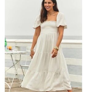 Abercrombie and Fitch Smocked Bodice Linen-Blend Puff Sleeve Midi Dress